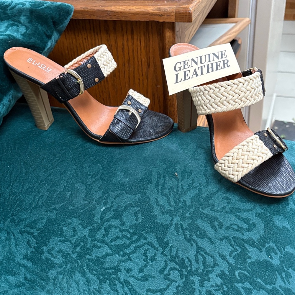 Bijou Black & Cream Braided Leather Block Heel Slide